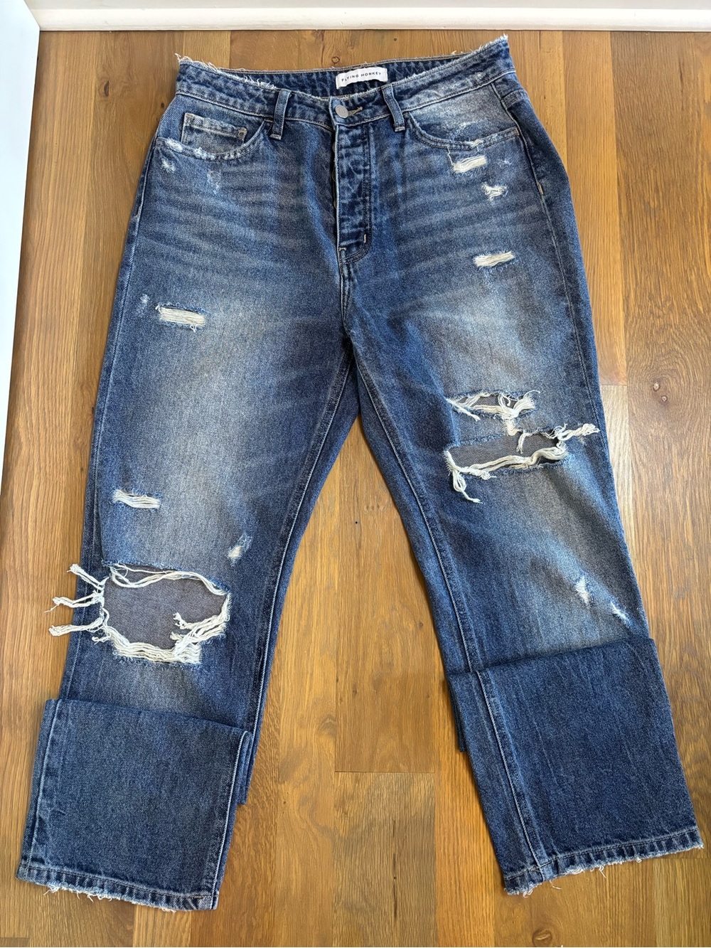 Flying Monkey Distressed Dark Blue Boyfriend Jeans